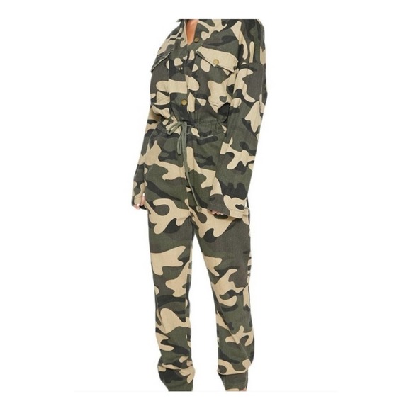 naked wardrobe Pants - Naked Wardrobe Camoflage Green Tan Cotton Jumpsuit Tie Waist Size Large
